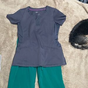 Healing Hands Scrubs Gray Top & green healing hands bottoms.